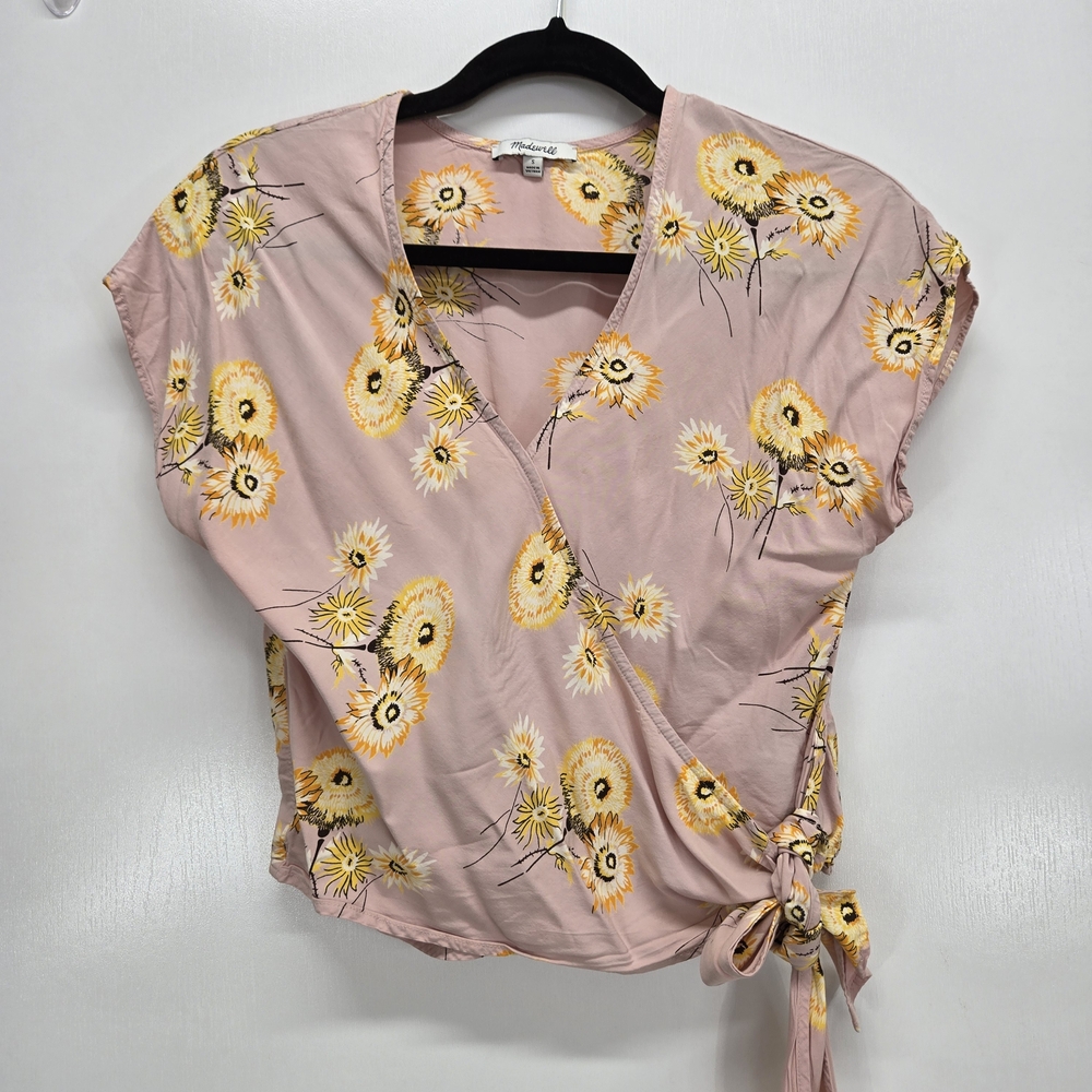 Madewell Floral Short Sleeve Blouse Womens Small Wrap Tie Twiggy Wisteria Dove